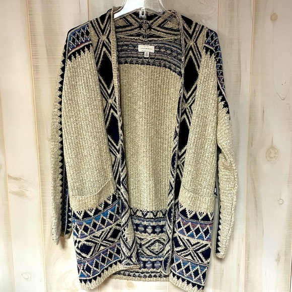 NWT Lucky Brand Tribal Aztec Tan Navy Open Longline Cardigan Sz S/P Sweater - Picture 2 of 7